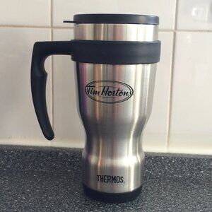 Tim Hortons Stainless Steel Silver Thermos Travel Mug Tumbler Black Handle Lid
